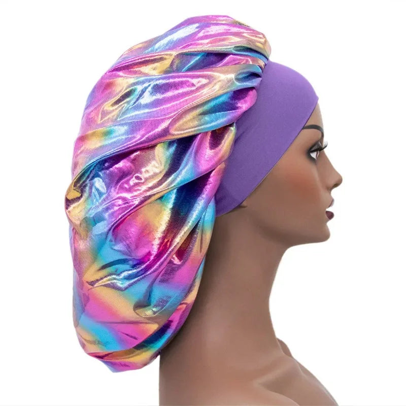 Women’s Large Laser-Color Satin Sleeping Cap – Silky Elastic Bonnet, Soft Glam Night Hair Cover, Muslim Hijab Style Shower Cap for Beauty & Hair Care