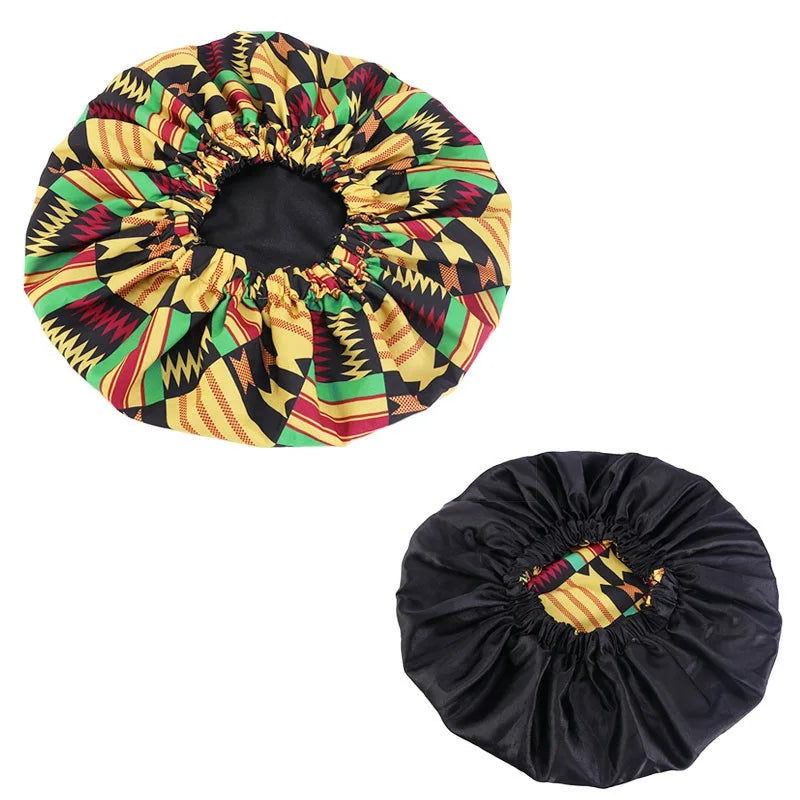 African Print Extra Large Satin Bonnet for Women – Double-Layer Reversible Sleep Cap for Curly & Natural Hair