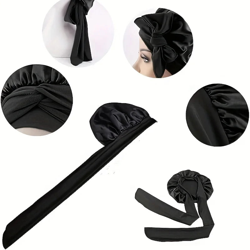 2-Pack Satin Sleep Bonnets – Pink & Black Tie-Band Night Caps for Soft Hair Care & Multi-Use Protection