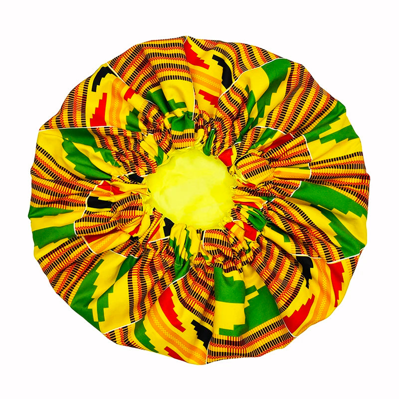 African Print Extra Large Satin Bonnet for Women – Double-Layer Reversible Sleep Cap for Curly & Natural Hair